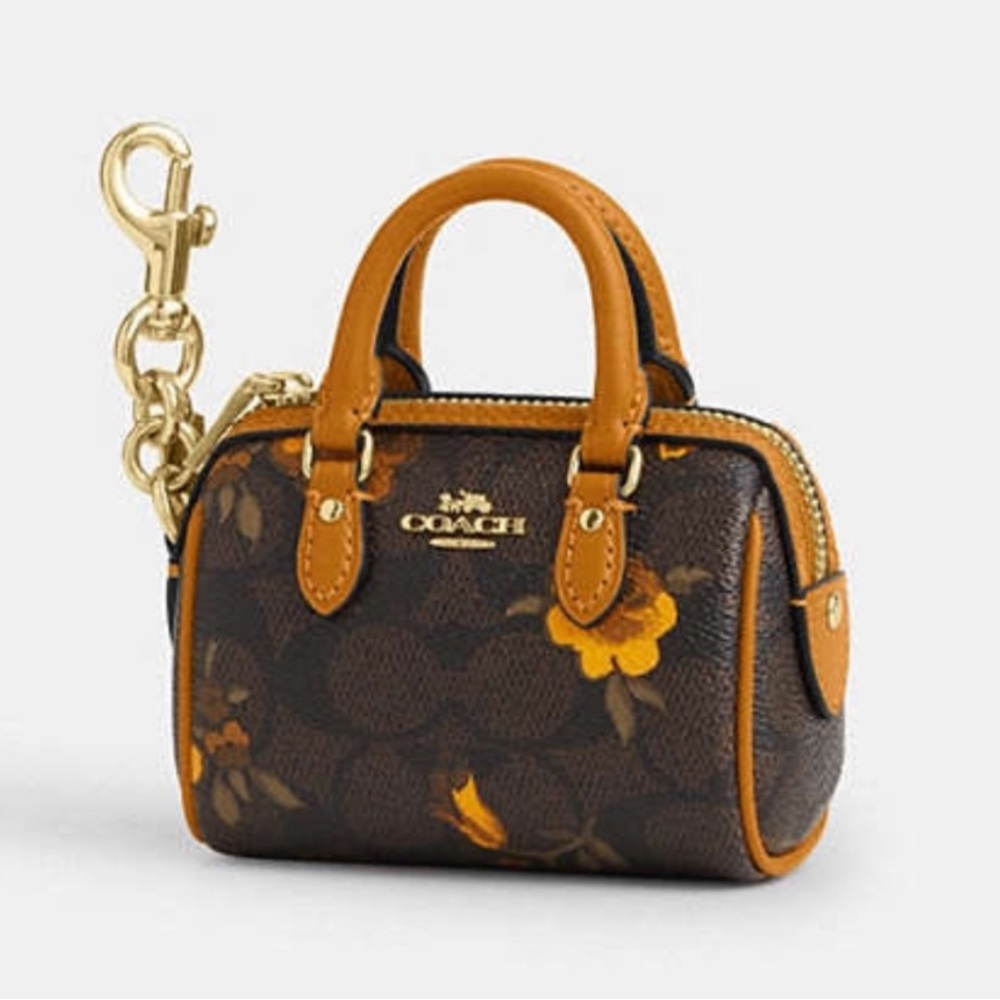NWT Coach Brown and Yellow Floral Mini Bag charm/coin case
